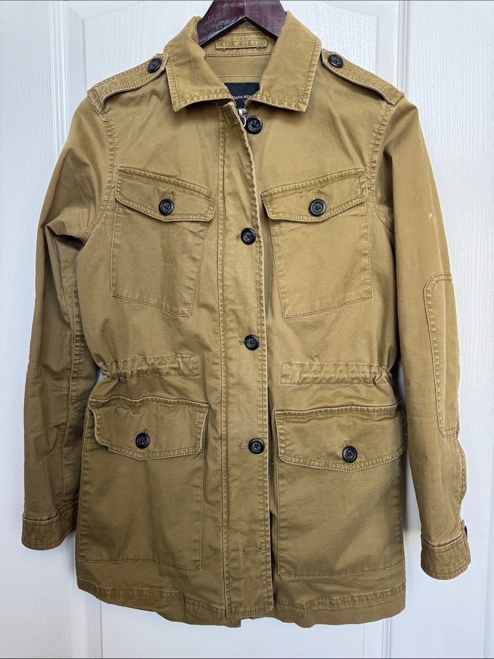 Banana Republic Olive-Tan Army- style Utility Jacket Drawstring Button Zipper